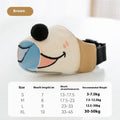 Canvas dog muzzle in Ollie Brown Bear and Bondi Blue Shark designs with sizing guide for dogs 3-50kg