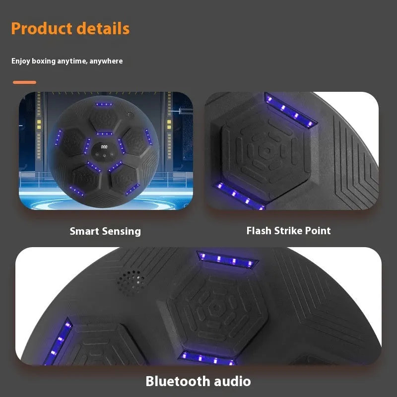 Smart music boxing machine hanging on wall with black PU surface and gloves