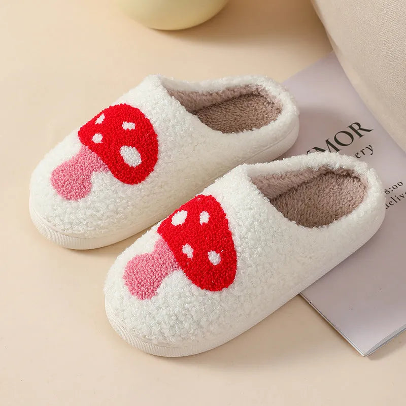 Women's plush cartoon love style home slippers with a round toe and non-slip PVC sole.
