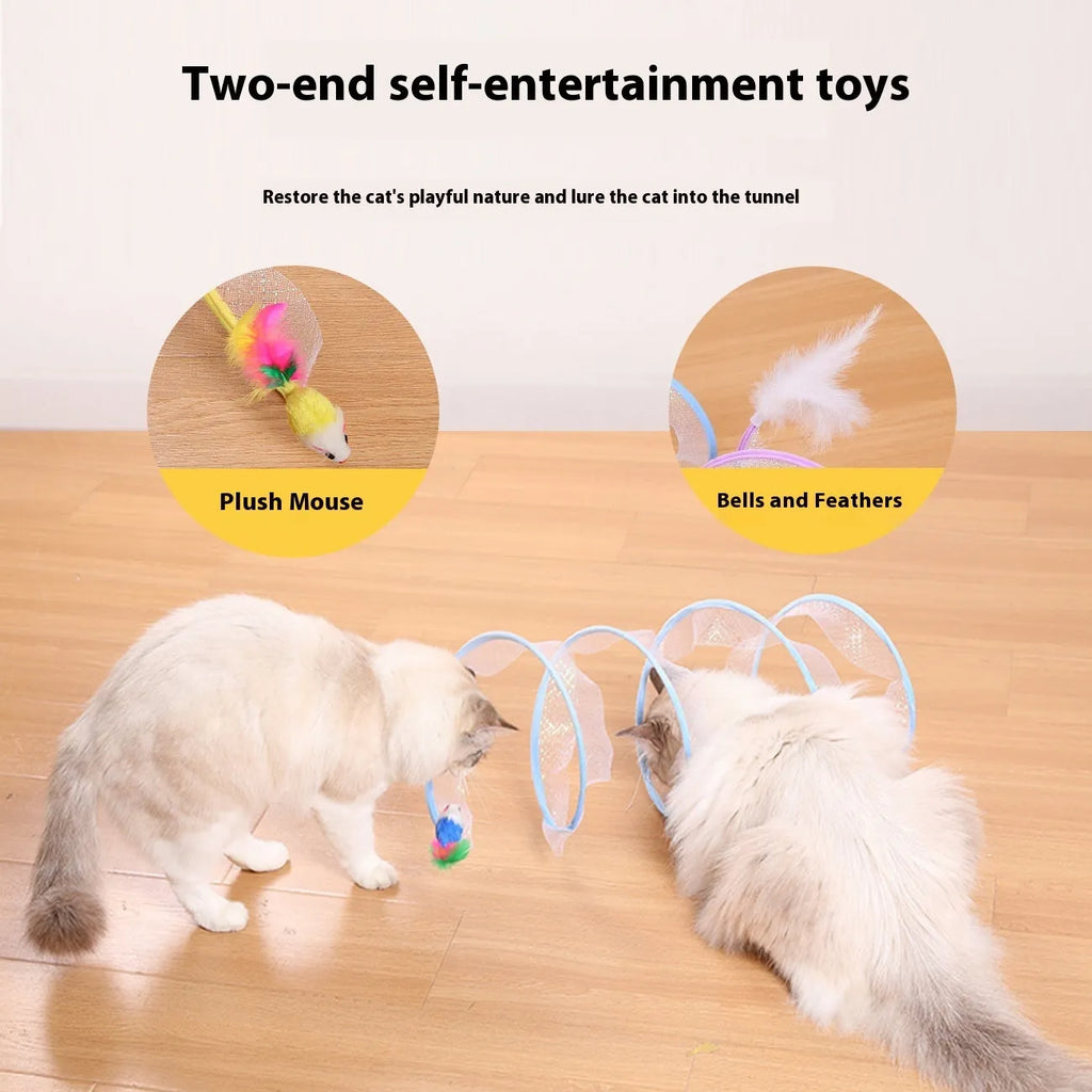 Pet cat tunnel made of steel wire and elastic net with feather attachment in mixed colour