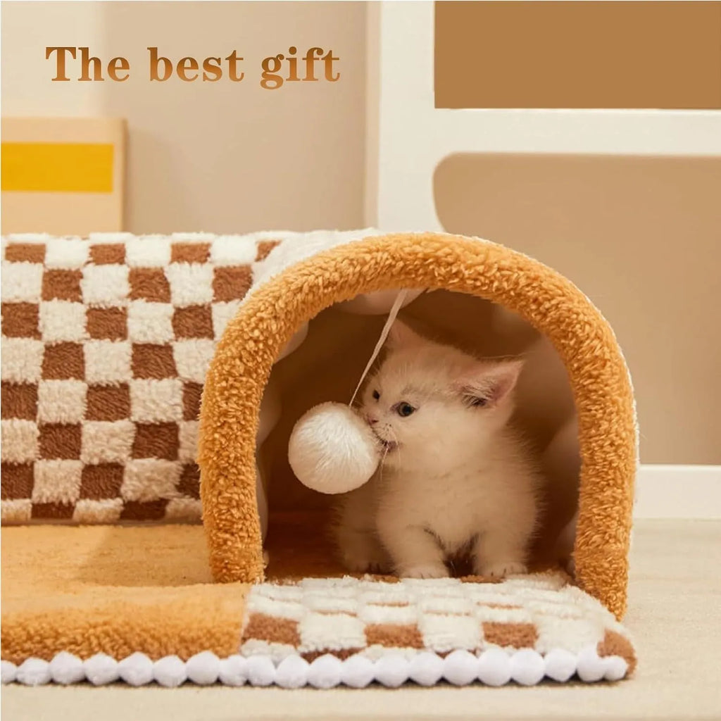 Plush plaid cat tunnel bed with central mat showing collapsible tube structure and non-slip bottom