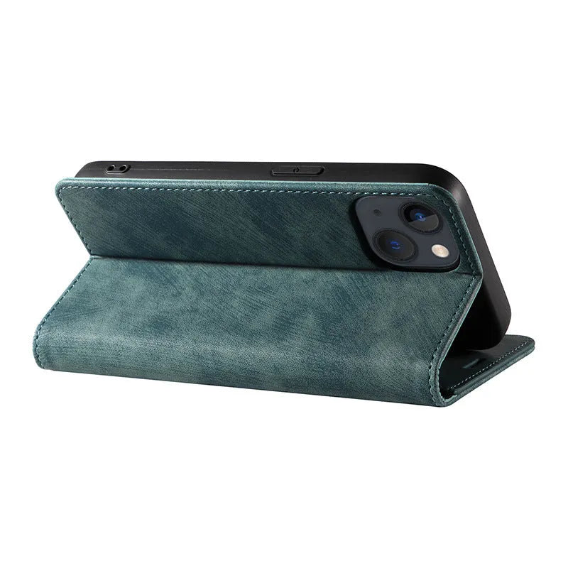 Magnetic flip phone case for iPhone in genuine leather and TPU, shown in grey colour with flap closed.