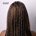 Gold rhinestone mesh headband with decorative tassel for women.