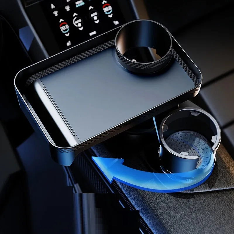 Black ABS plastic car-mounted rotating dinner tray holder attached to vehicle cup holder