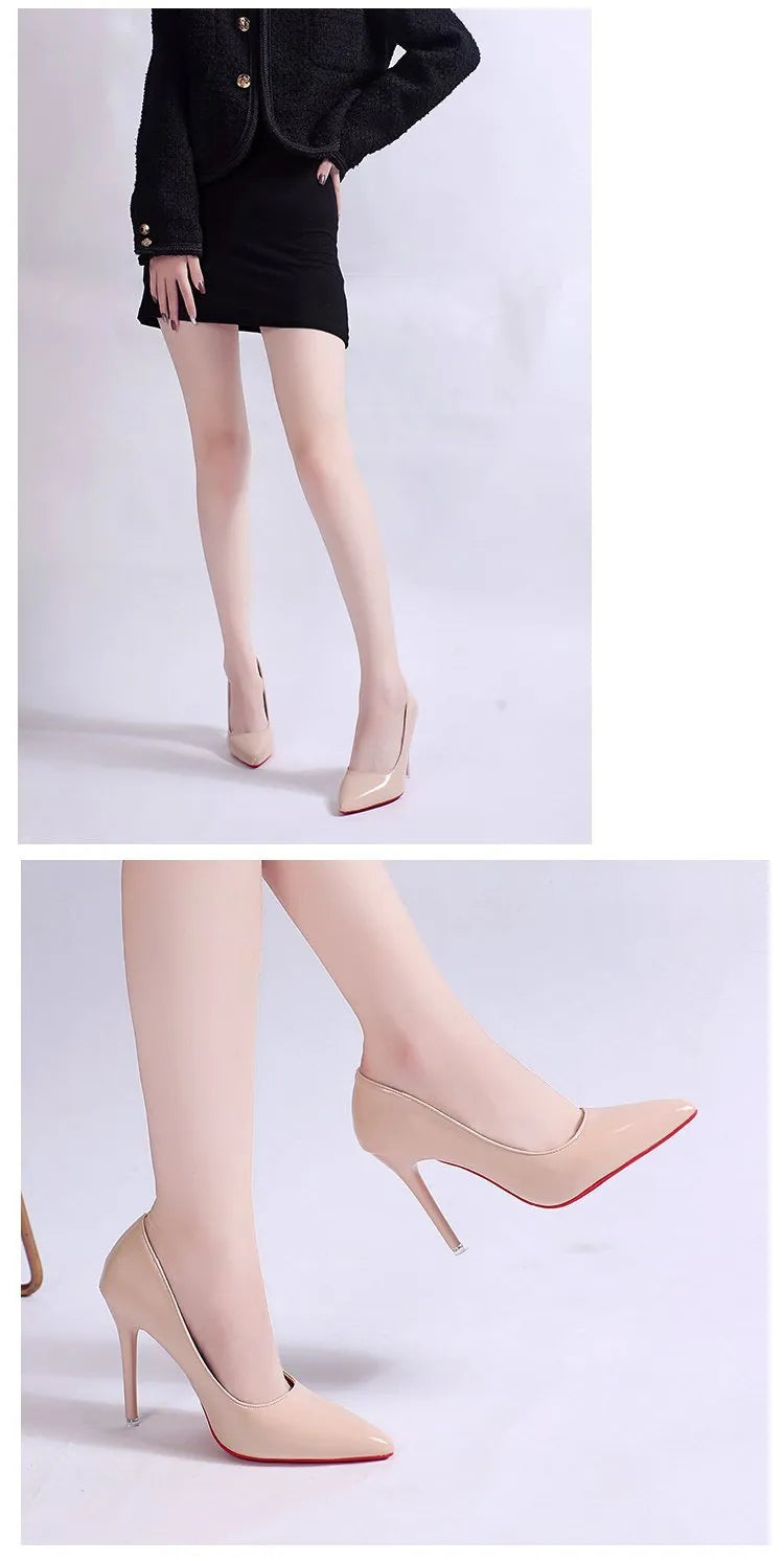 Women's solid colour pointed toe pumps with a stiletto heel and shallow cut, shown in multiple colour options.