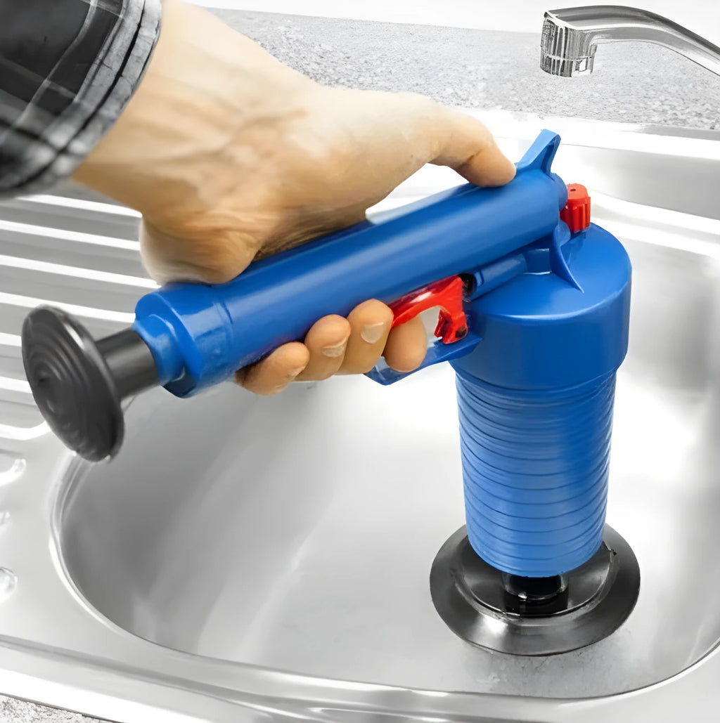 Plastic air power drain blaster unblocking gun with four different sized rubber adaptors for sinks and toilets.
