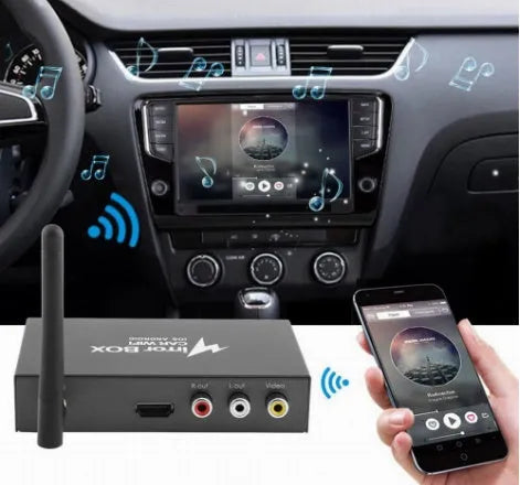 Black car mirror link Wi-Fi box with power cable, AV cable, antenna, and user manual for screen mirroring.
