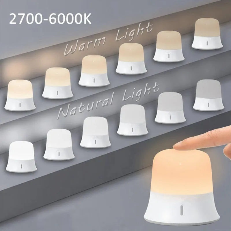 White touch-control bedside night light showing compact 93mm by 110mm design with dimmable LED.