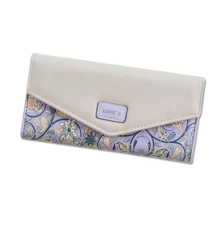 Black PU leather women's wallet with a buckle closure, shown open to reveal a triple-fold design with multiple card slots.