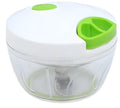 Green manual kitchen chopper with three blades, 500ml capacity, and compact design