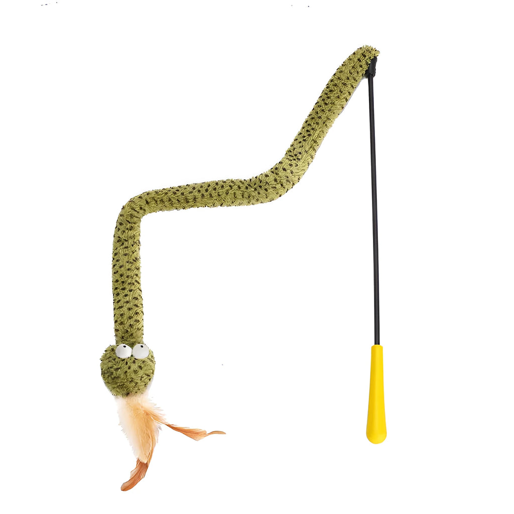 Green snake cat teasing stick with feather attachment on 140 cm long pole