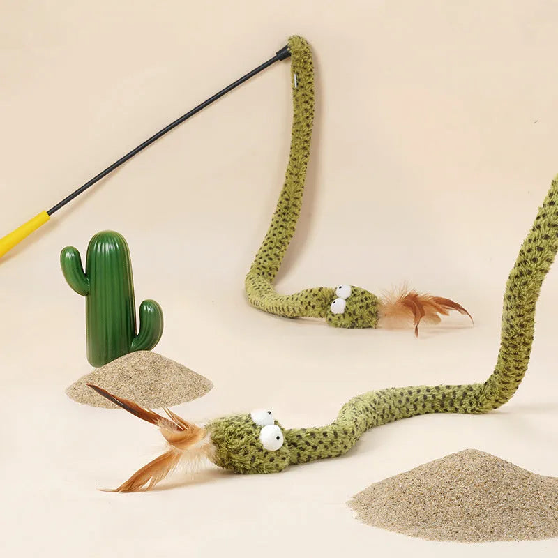 Green snake cat teasing stick with feather attachment on 140 cm long pole