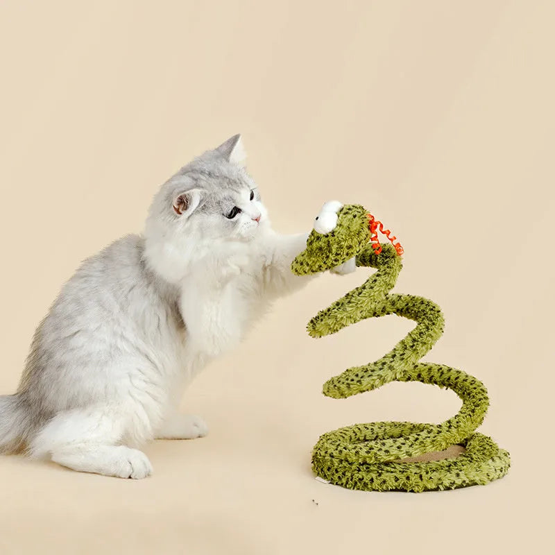 Green snake cat teasing stick with feather attachment on 140 cm long pole