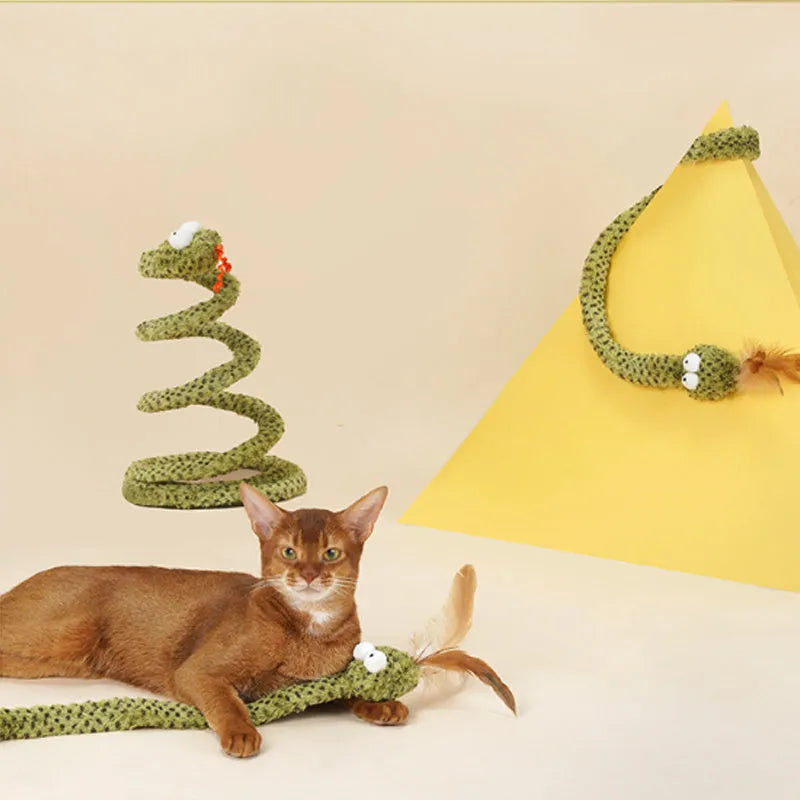 Green snake cat teasing stick with feather attachment on 140 cm long pole