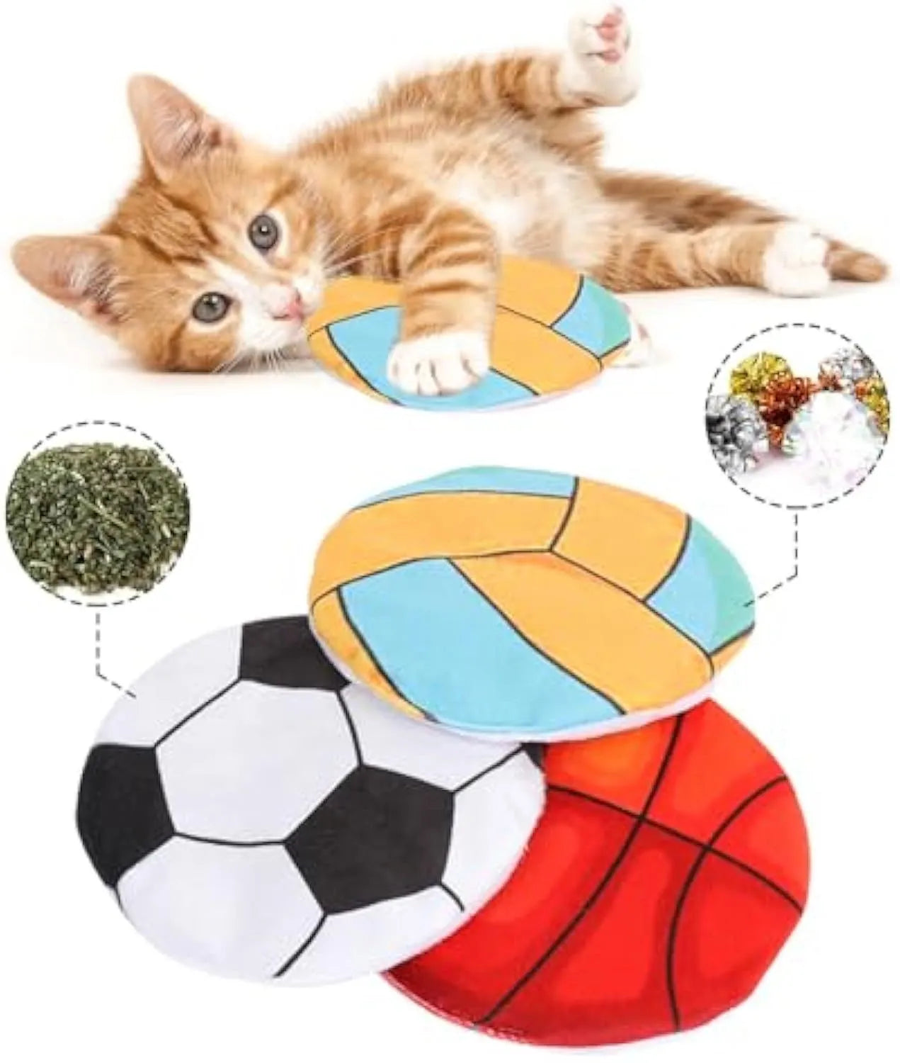 Interactive cat toy disc with sport ball pattern featuring catnip filling and crinkle sound material