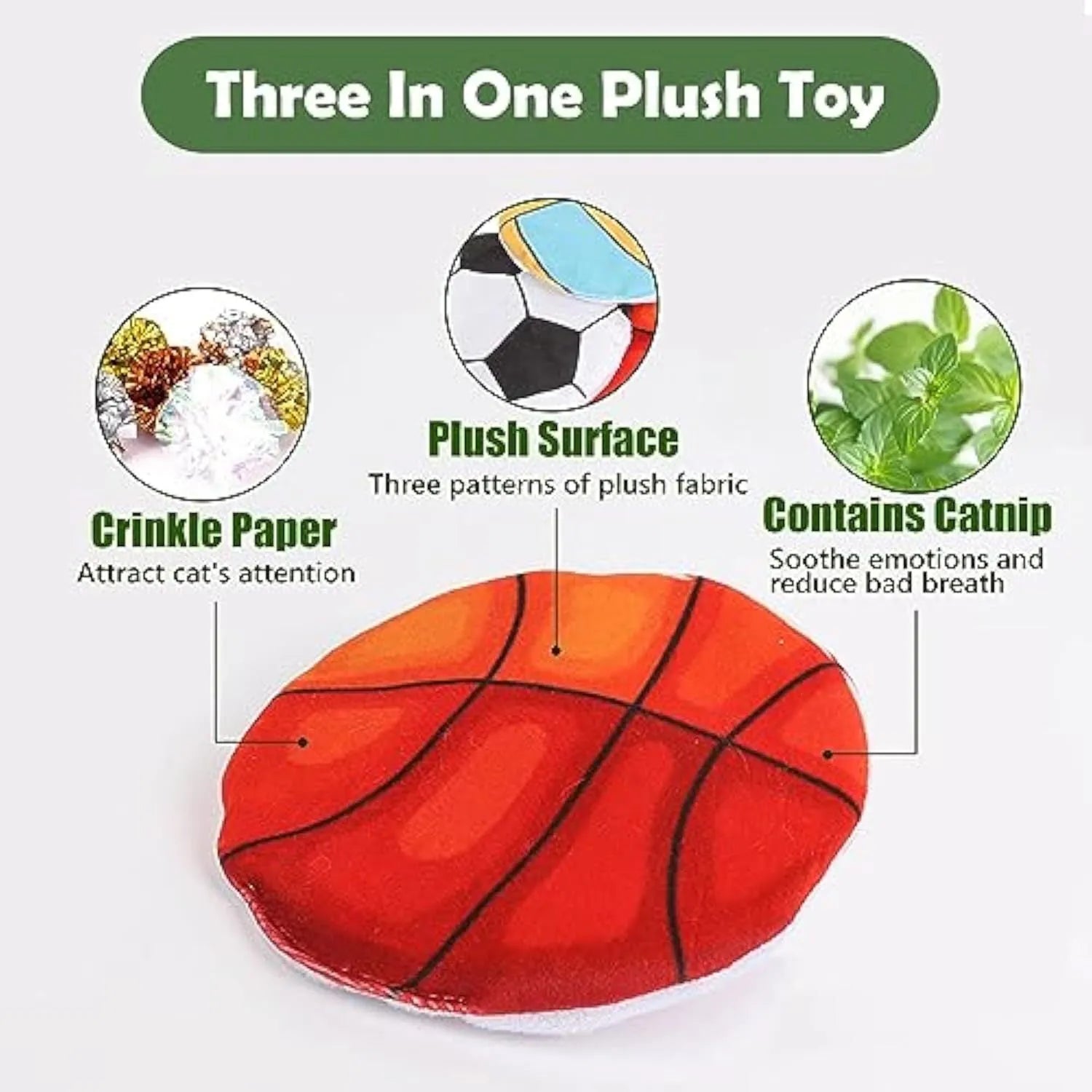Interactive cat toy disc with sport ball pattern featuring catnip filling and crinkle sound material