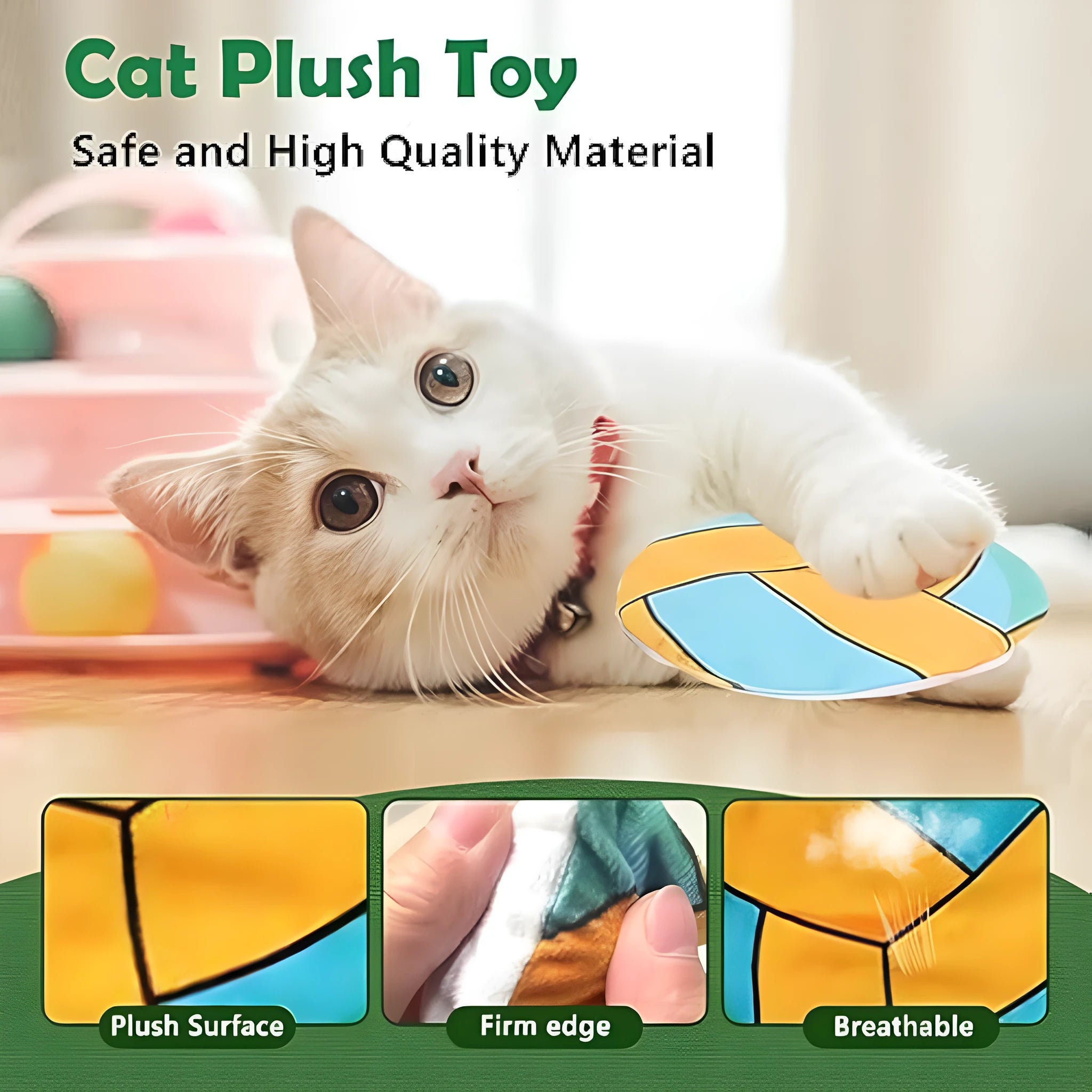 Interactive cat toy disc with sport ball pattern featuring catnip filling and crinkle sound material