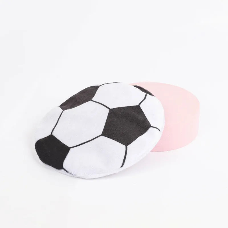 Interactive cat toy disc with sport ball pattern featuring catnip filling and crinkle sound material
