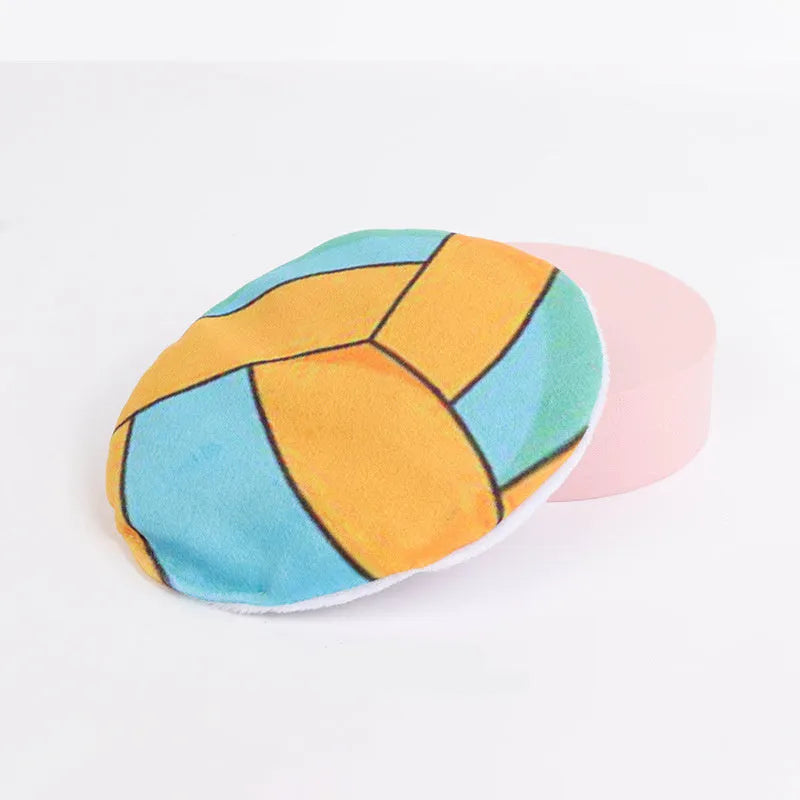 Interactive cat toy disc with sport ball pattern featuring catnip filling and crinkle sound material