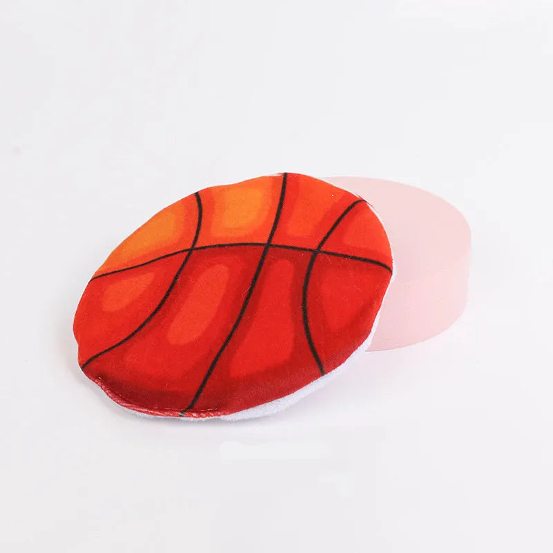 Interactive cat toy disc with sport ball pattern featuring catnip filling and crinkle sound material