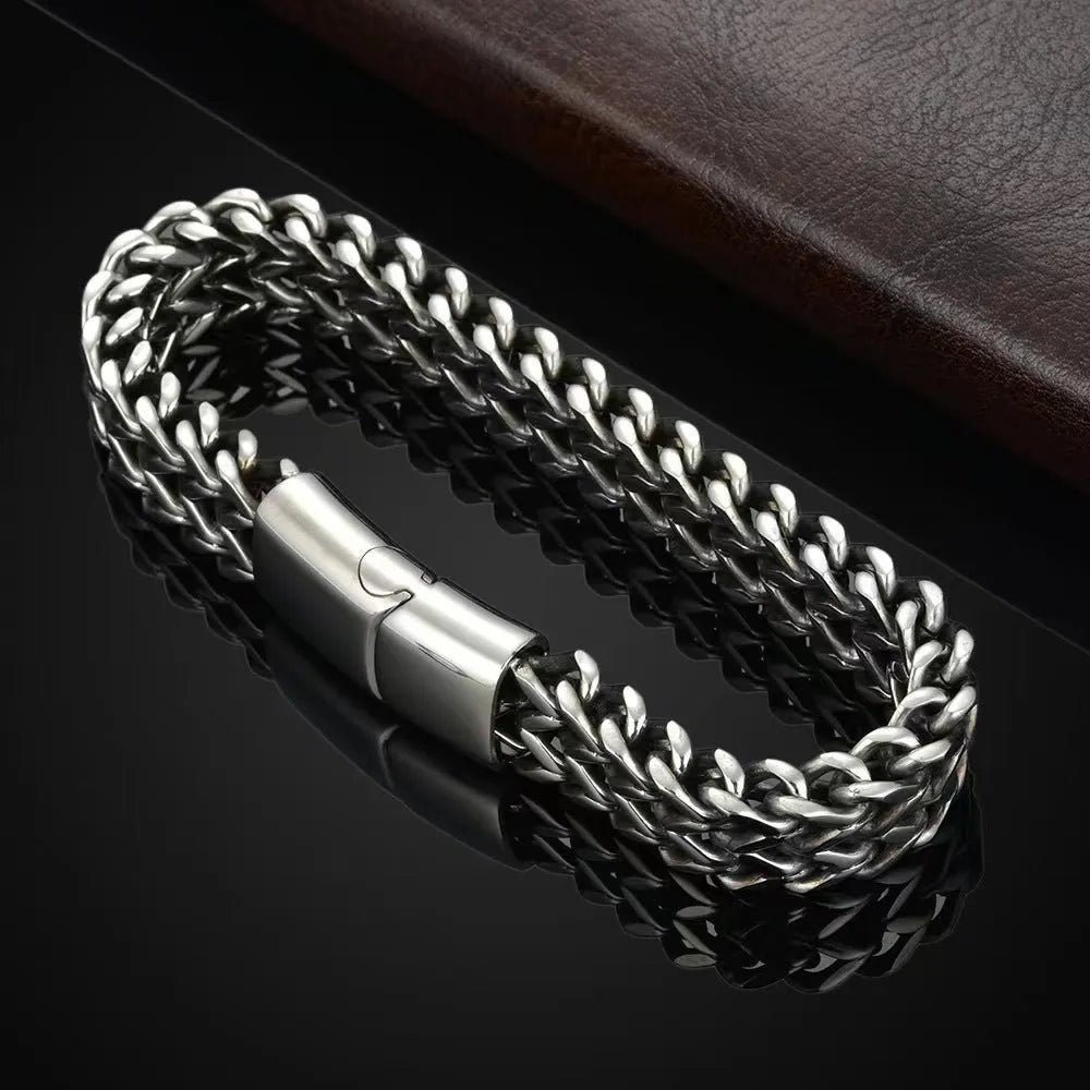 Silver geometric hip hop bracelet in titanium steel with front and back chain link design