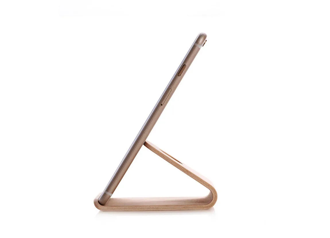 Wooden stand compatible with Apple iPhone in Walnut and White Maple finish on desk