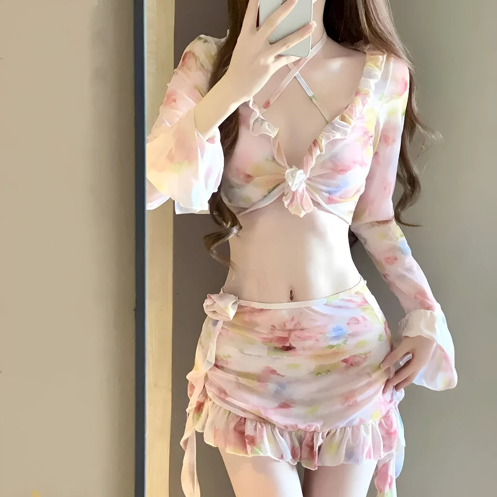 Women's floral bikini swimsuit set in cherry blossom powder colour showing front and back styling