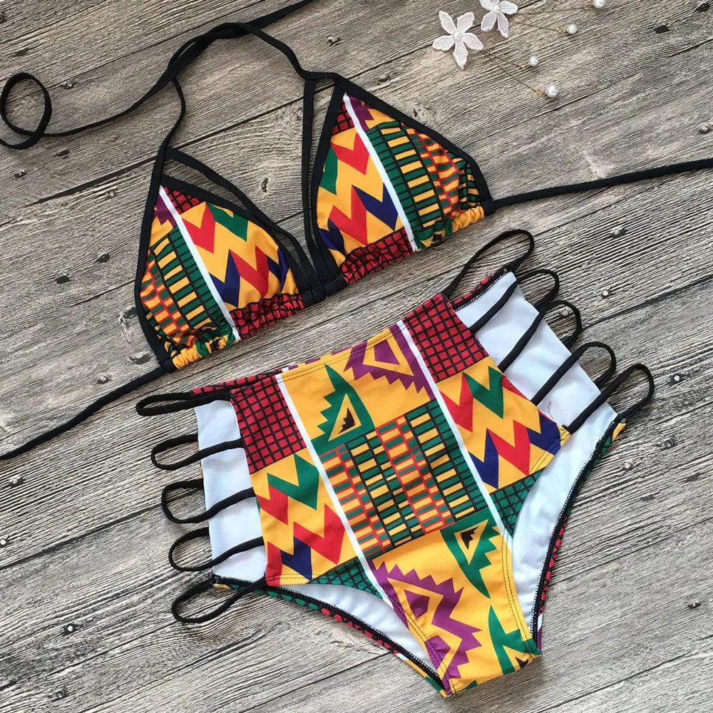 Women's digital print bikini swimsuit with high-waist briefs and backless design in quick-dry fabric