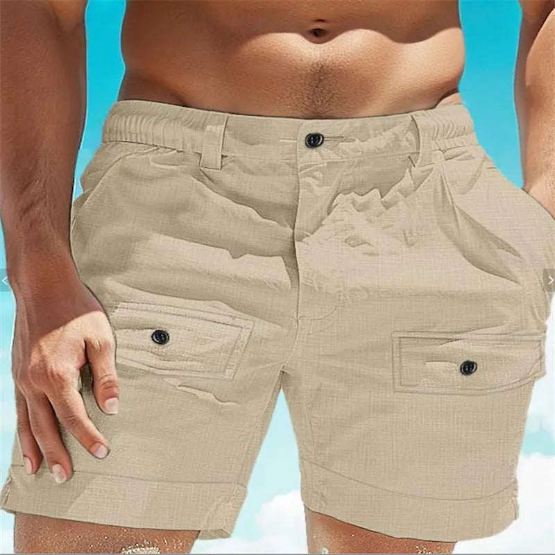 Men's linen beach shorts with button front elastic waist in white and khaki colours sizes M to 3XL