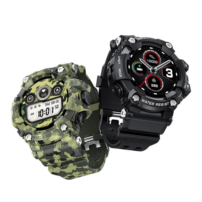 Black or green T6 tactical rugged smart watch with 1.3 inch screen on wrist