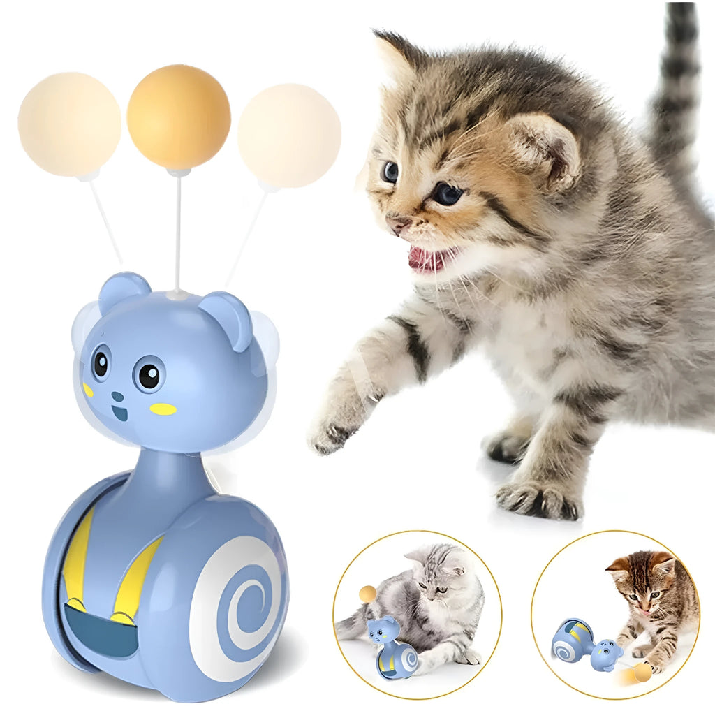 Interactive cat feather wand toy with rolling ball mechanism in pink and blue colour options