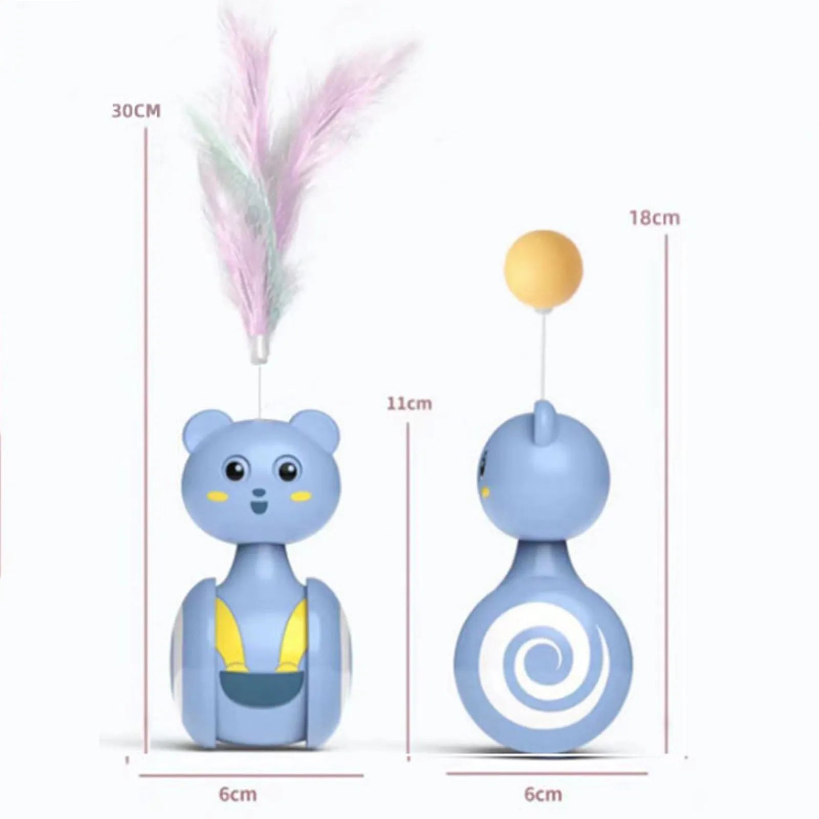 Interactive cat feather wand toy with rolling ball mechanism in pink and blue colour options