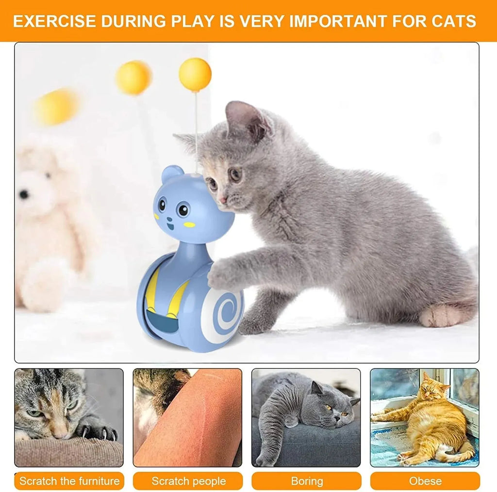 Interactive cat feather wand toy with rolling ball mechanism in pink and blue colour options