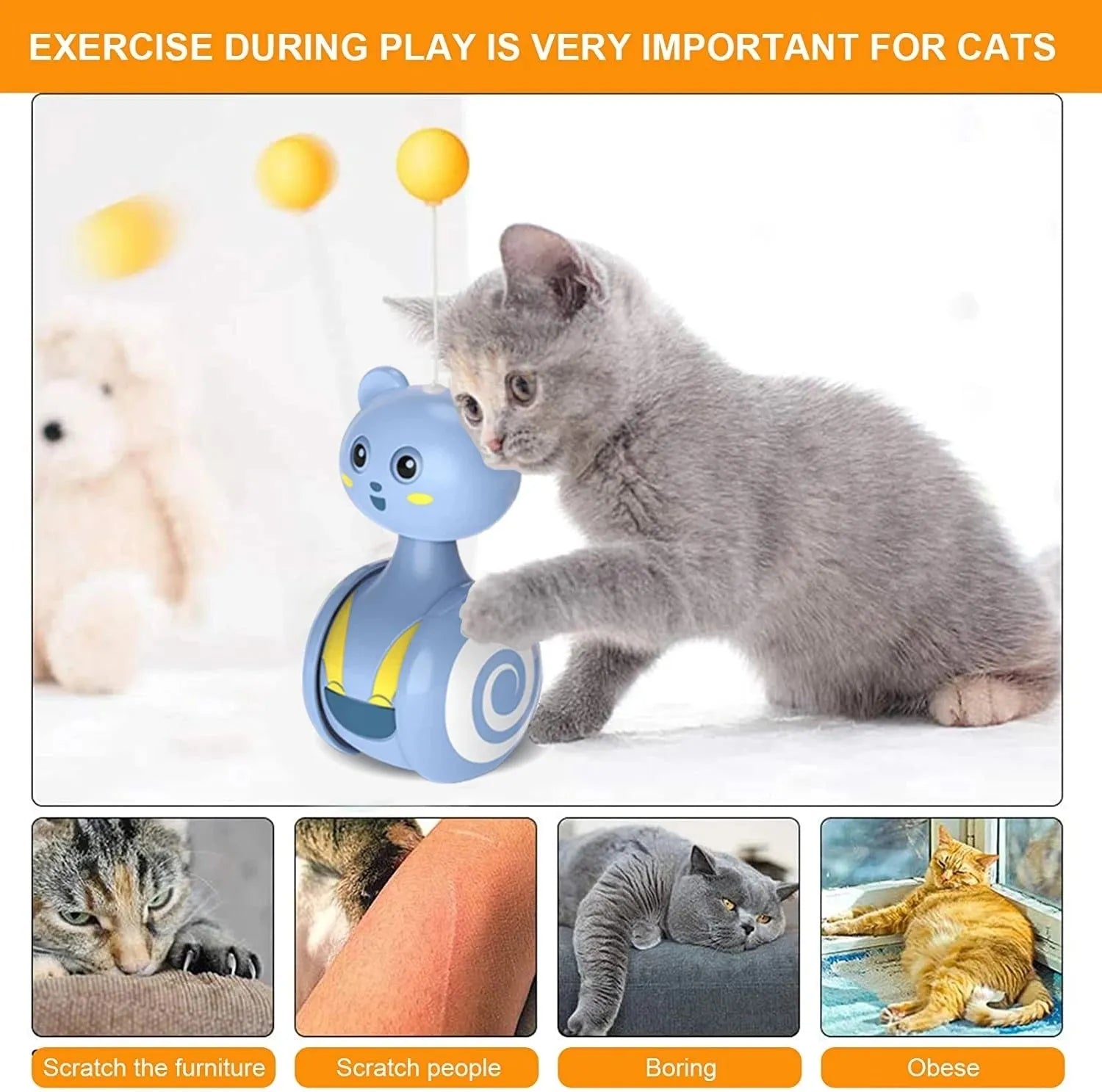 Interactive cat feather wand toy with rolling ball mechanism in pink and blue colour options