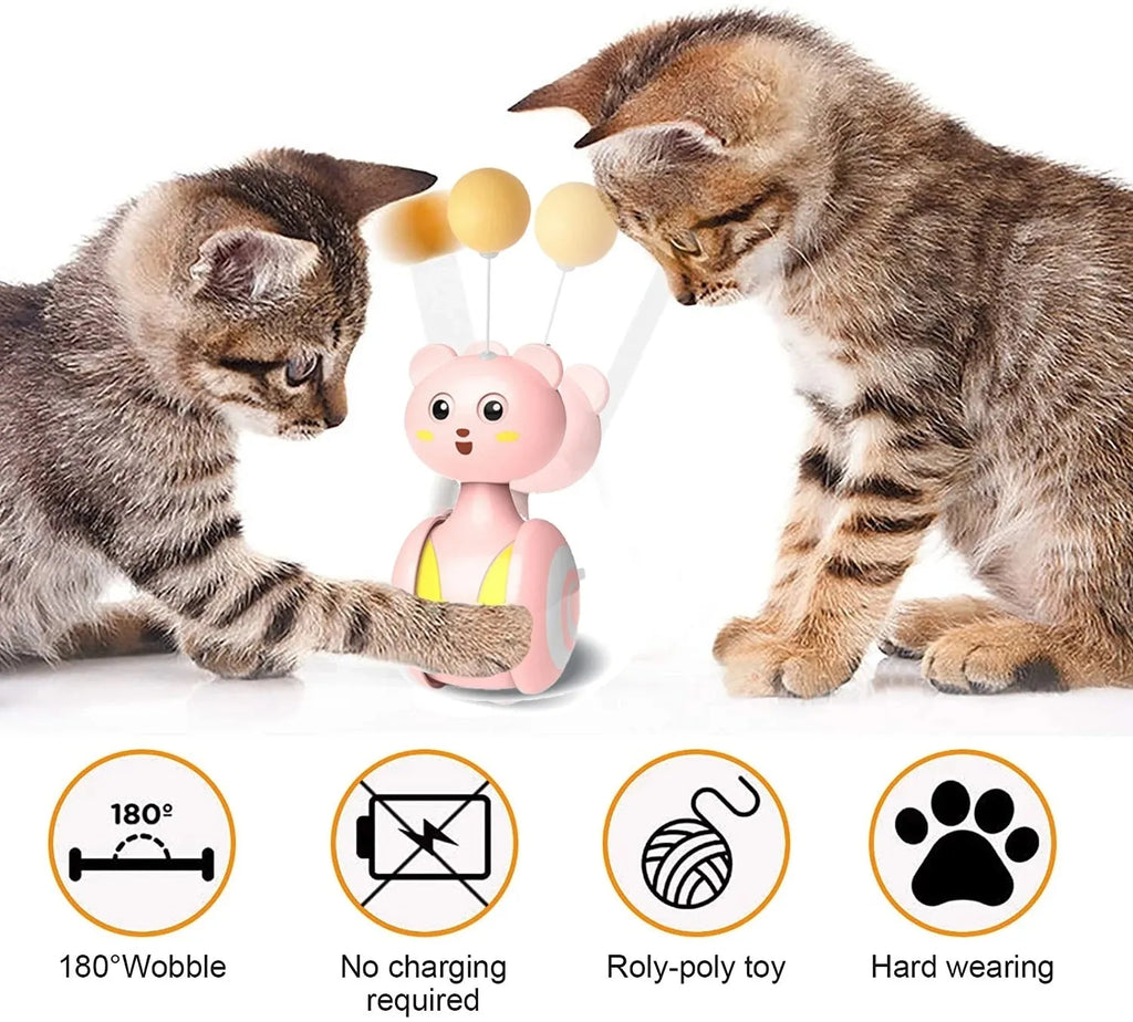 Interactive cat feather wand toy with rolling ball mechanism in pink and blue colour options