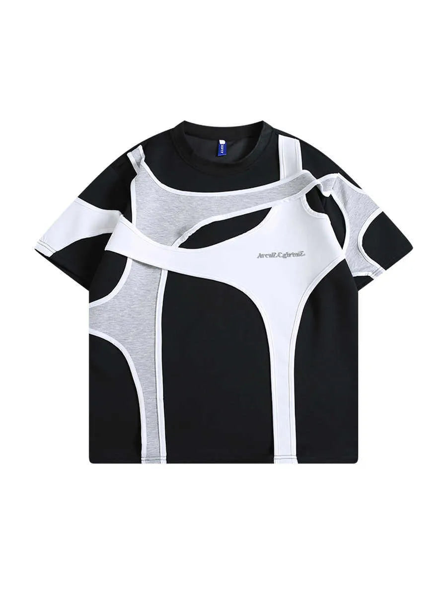 Black and white double-layer stitching padded shoulder T-shirt with round neck collar and short sleeves