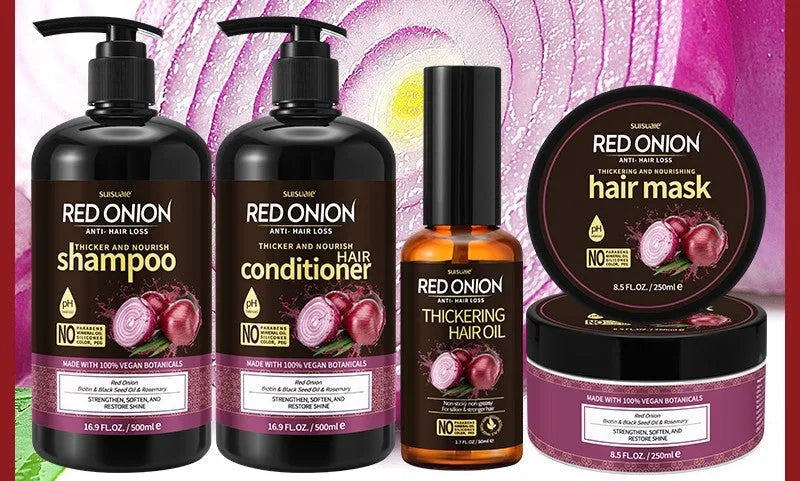 Red onion shampoo and conditioner four-piece set with hair mask and essential oil bottles