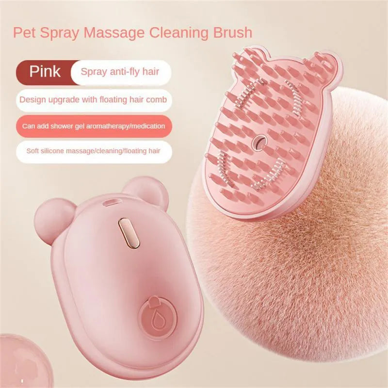 Pink rechargeable pet grooming brush with water spray function and removable silicone combs