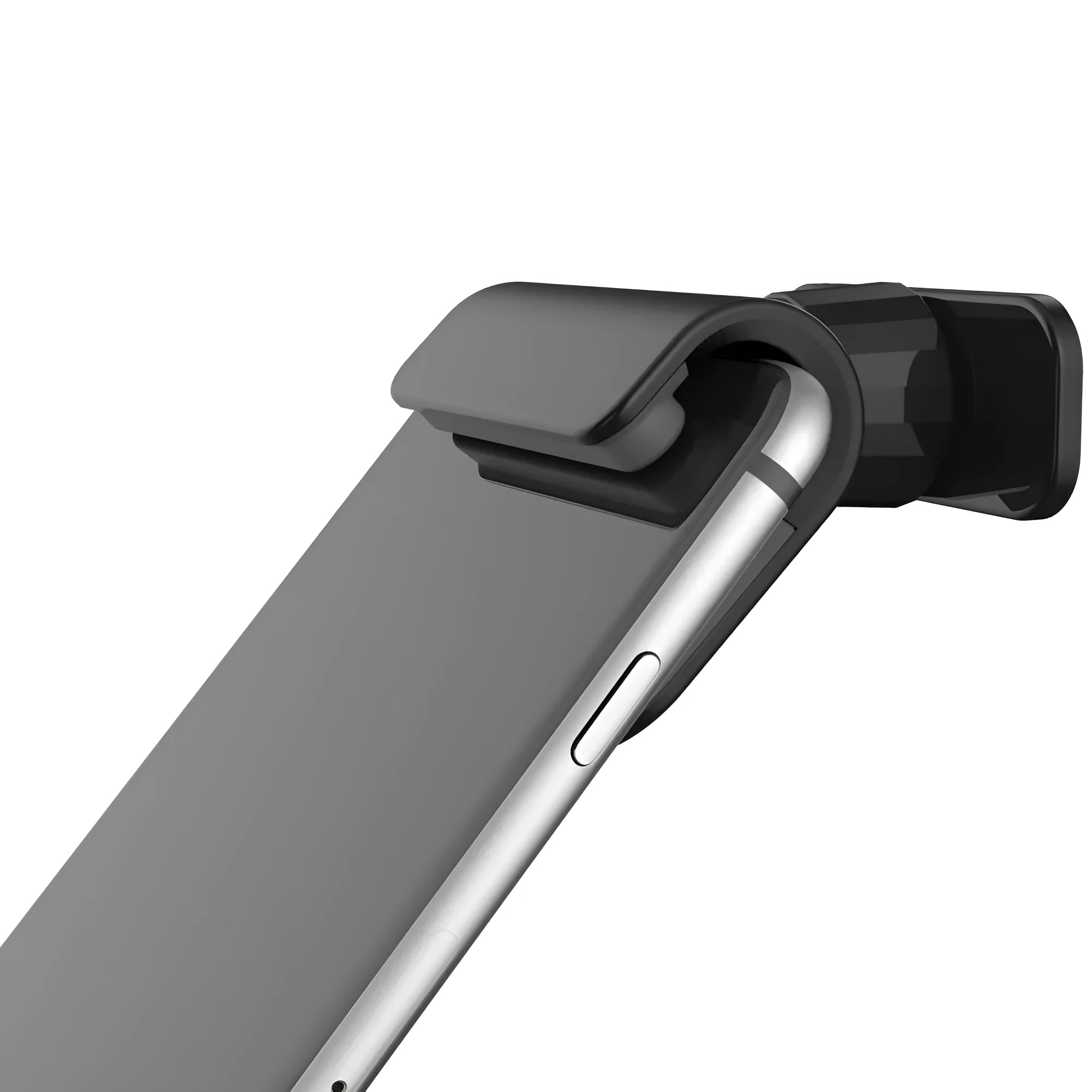 Black gravity car phone holder with 360-degree rotating bracket mounted on a car dashboard holding a mobile phone.