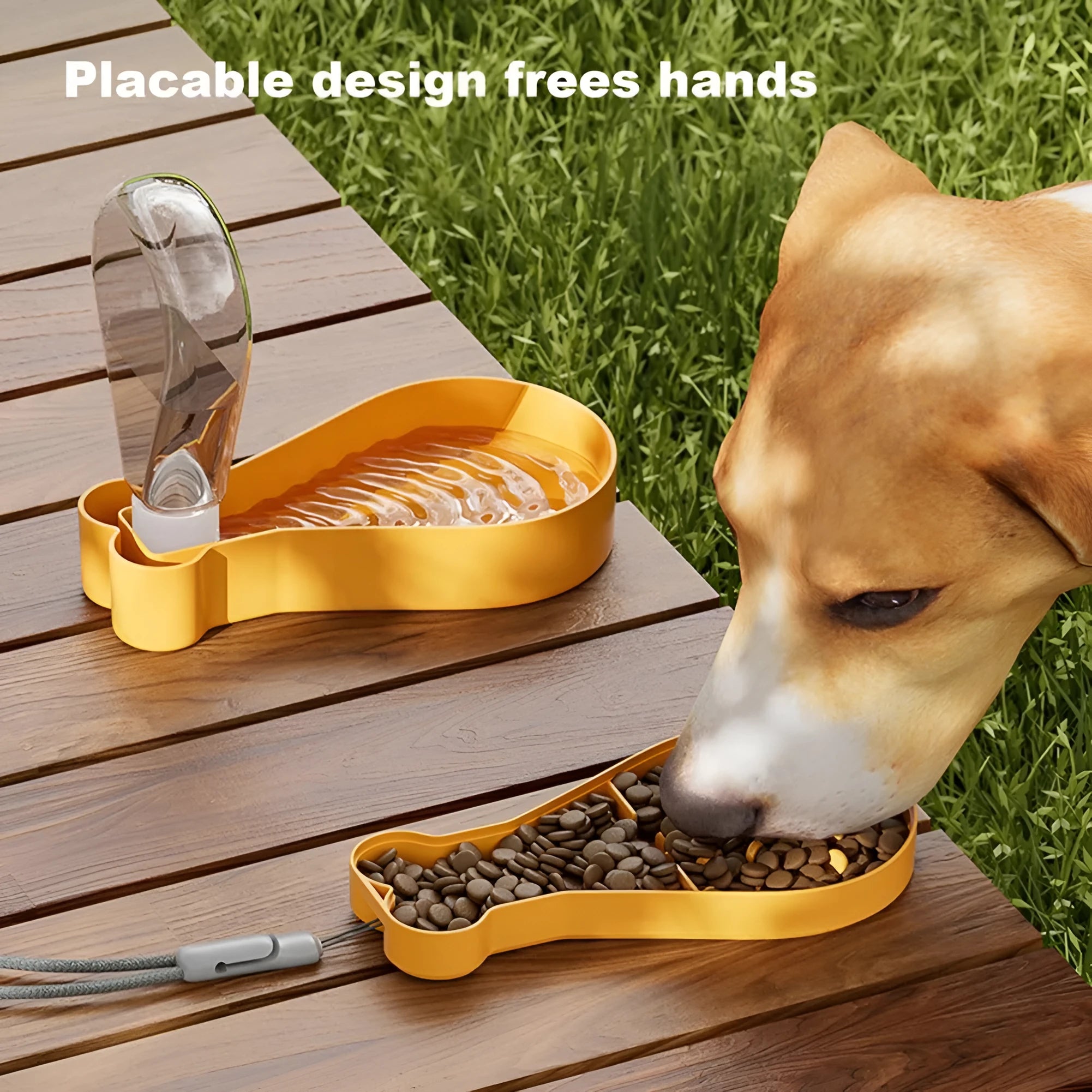 Orange portable 2-in-1 pet water feeder with water bottle and food container, BPA-free