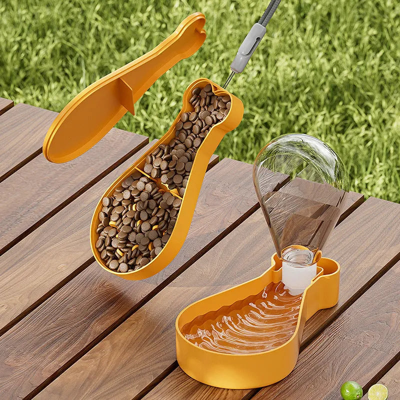 Orange portable 2-in-1 pet water feeder with water bottle and food container, BPA-free