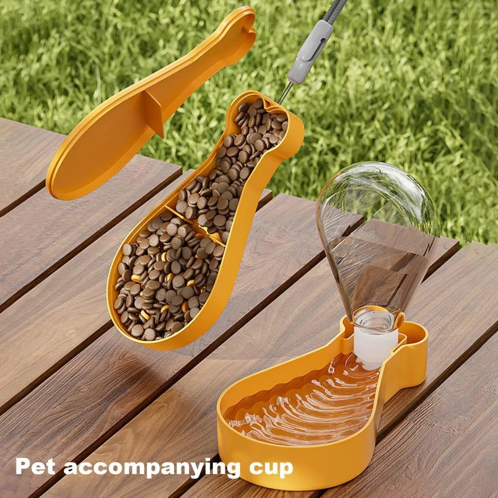Orange portable 2-in-1 pet water feeder with water bottle and food container, BPA-free