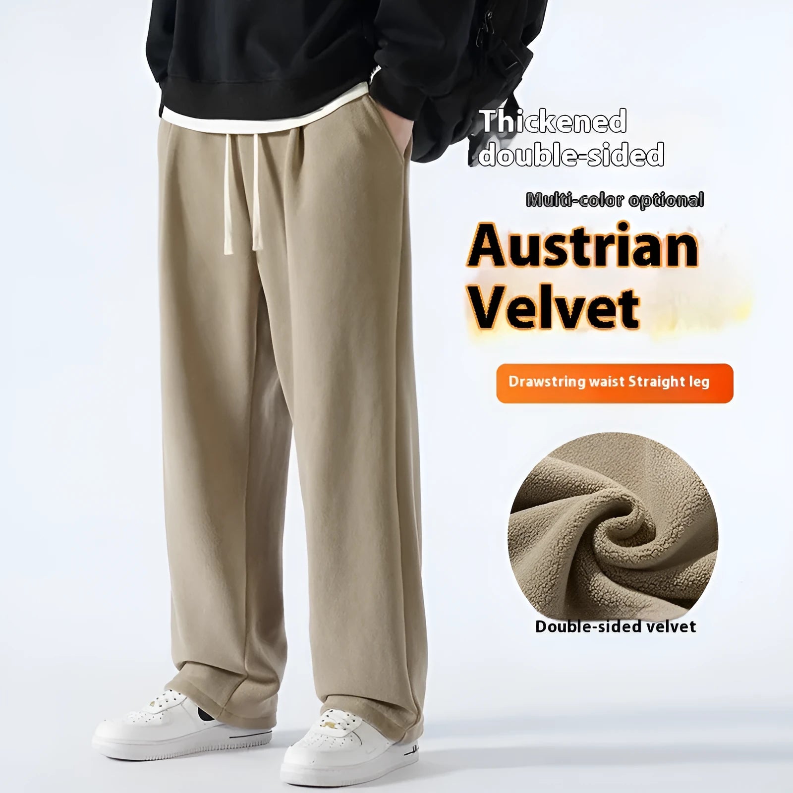Men's apricot double-sided polar fleece loose-fit winter sports trousers with drawstring waist.
