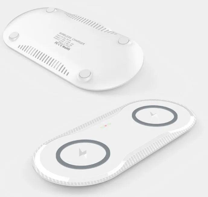 Black and white dual wireless charging pad for two phones with Qi fast charging compatibility