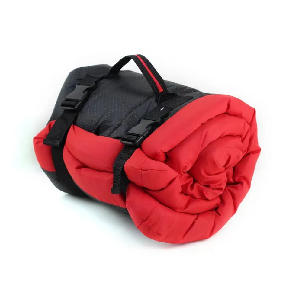 Outdoor dog bed in Blue, 90x60cm size, showing foldable design with nylon buckles on non-slip base