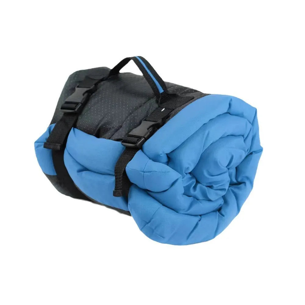 Outdoor dog bed in Blue, 90x60cm size, showing foldable design with nylon buckles on non-slip base
