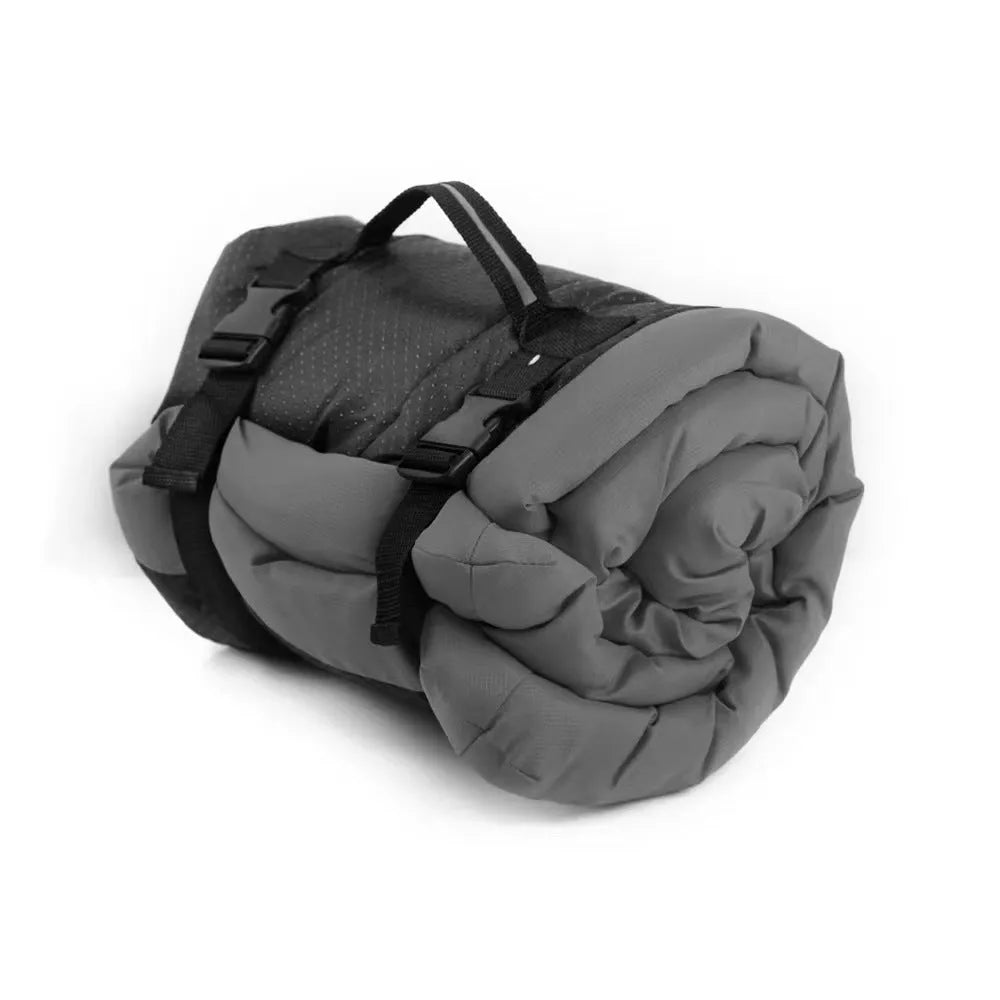 Outdoor dog bed in Blue, 90x60cm size, showing foldable design with nylon buckles on non-slip base