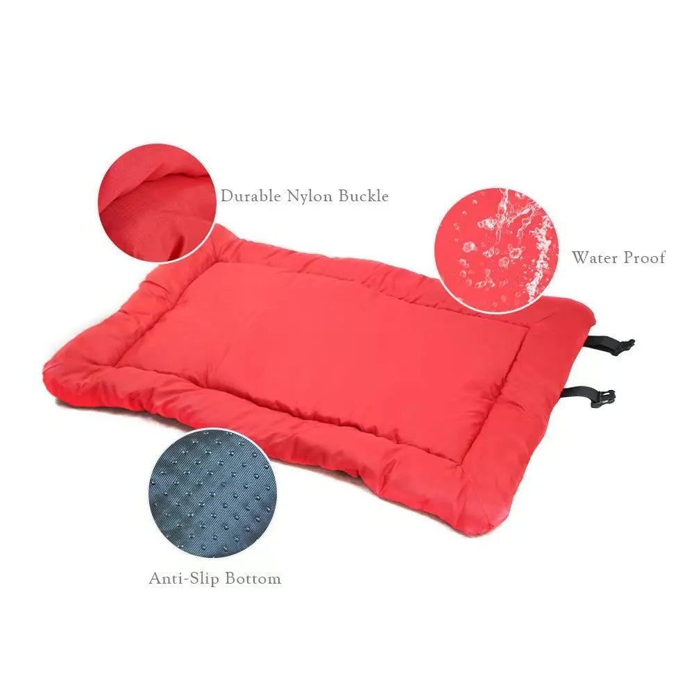 Outdoor dog bed in Blue, 90x60cm size, showing foldable design with nylon buckles on non-slip base