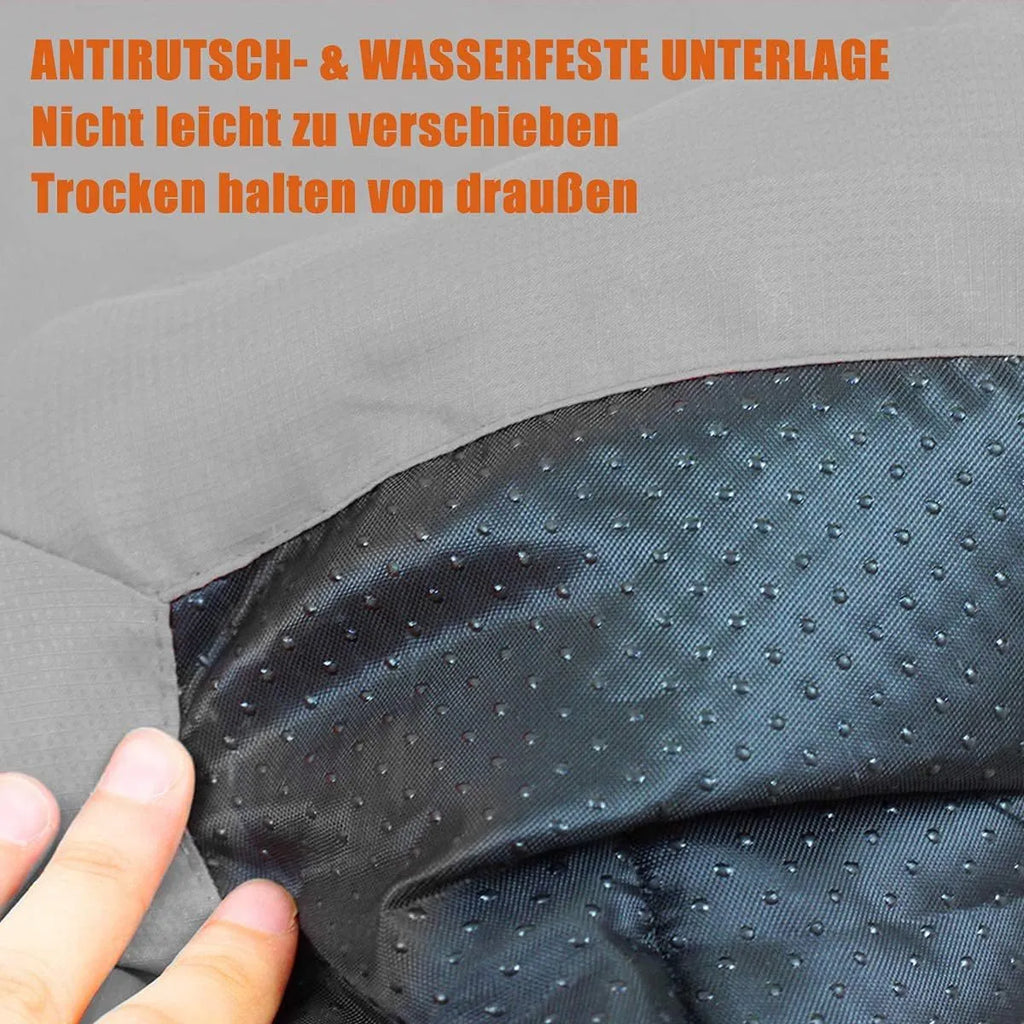 Outdoor dog bed in Blue, 90x60cm size, showing foldable design with nylon buckles on non-slip base