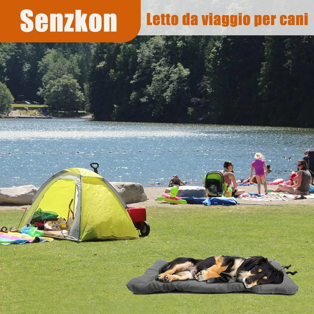 Outdoor dog bed in Blue, 90x60cm size, showing foldable design with nylon buckles on non-slip base